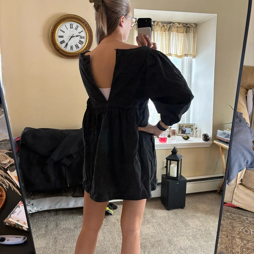 Free People | Women’s Size M | Black Denim Babydoll Dress with Puff Sleeves - Picture 5 of 7